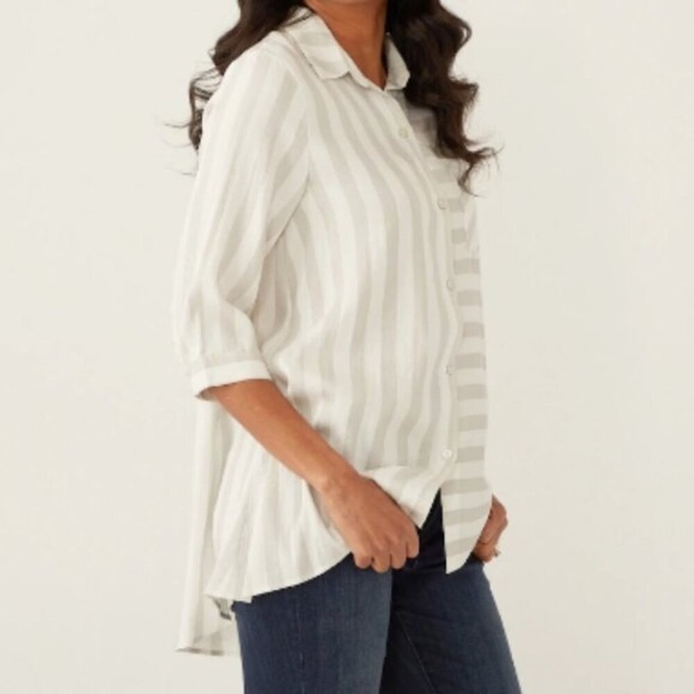 New Red Coral White Grey Stripe Button Front Tunic Top Size XL bin 4H